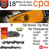 18" GB Chainsaw Bar & Chain Combo Power Tip+  3/8" DL68 .058" for Husqvarna