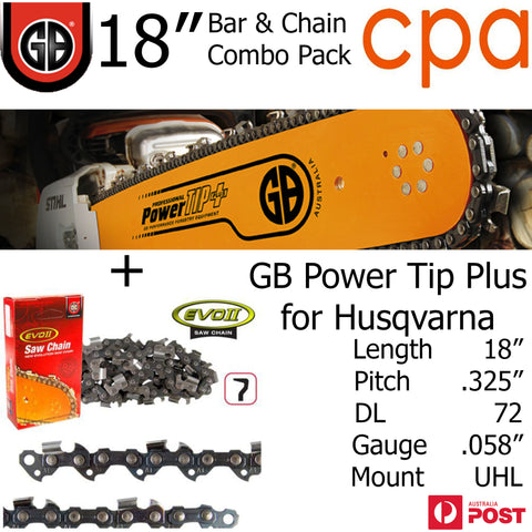18" GB Chainsaw Bar & Chain Combo Power Tip+  .325" DL72 .058" for Husqvarna